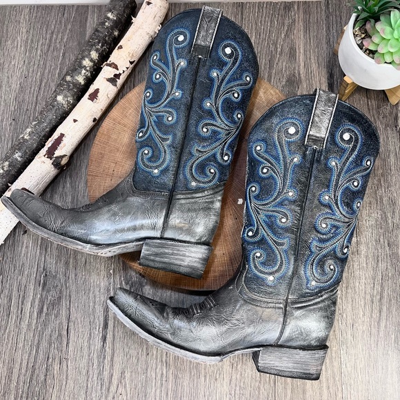 *Rockin Leather | Grey/Navy Western Distressed Leather Boots Size 6.5E - Picture 8 of 16